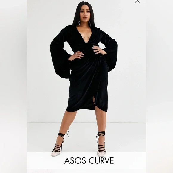 asos black curve dress ASOS DESIGN Curve pleated bodice plunge neck midi dress in black